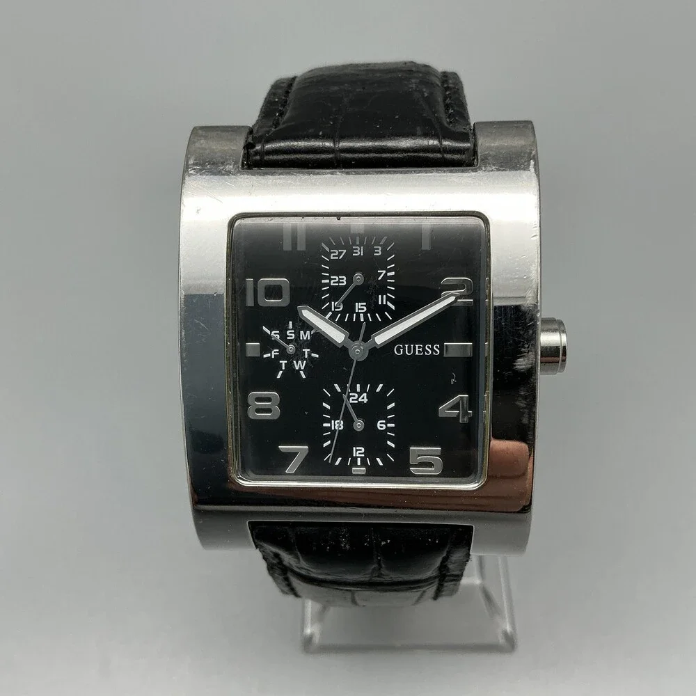 Guess G85569G Mens Watch 35mm Black Dial Leather Stainless Day Date New Battery